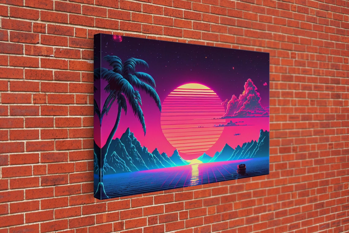 Retro Outrun Style Palm Trees And Sunset Framed Print Wireframe Lake And Mountain Vista - Image 3