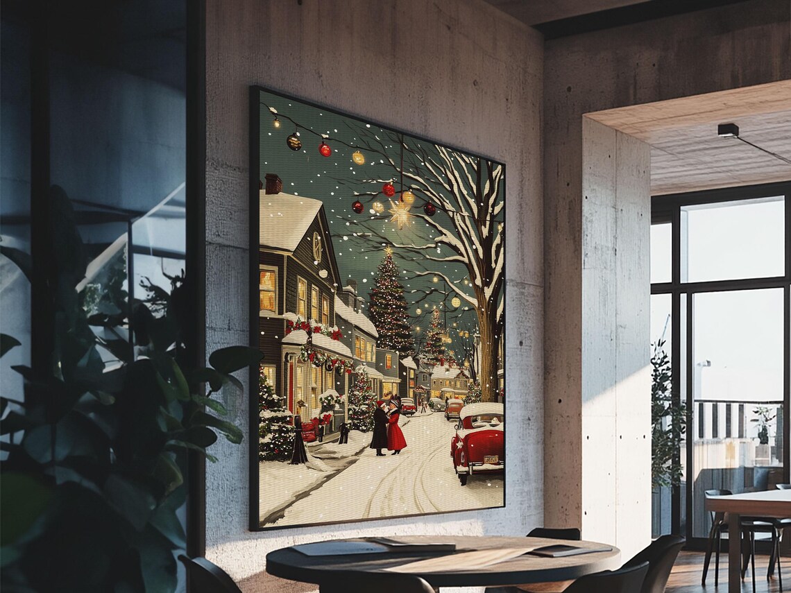 Vintage Christmas Village Street Snowy Night Ornament Light Poster - Image 6