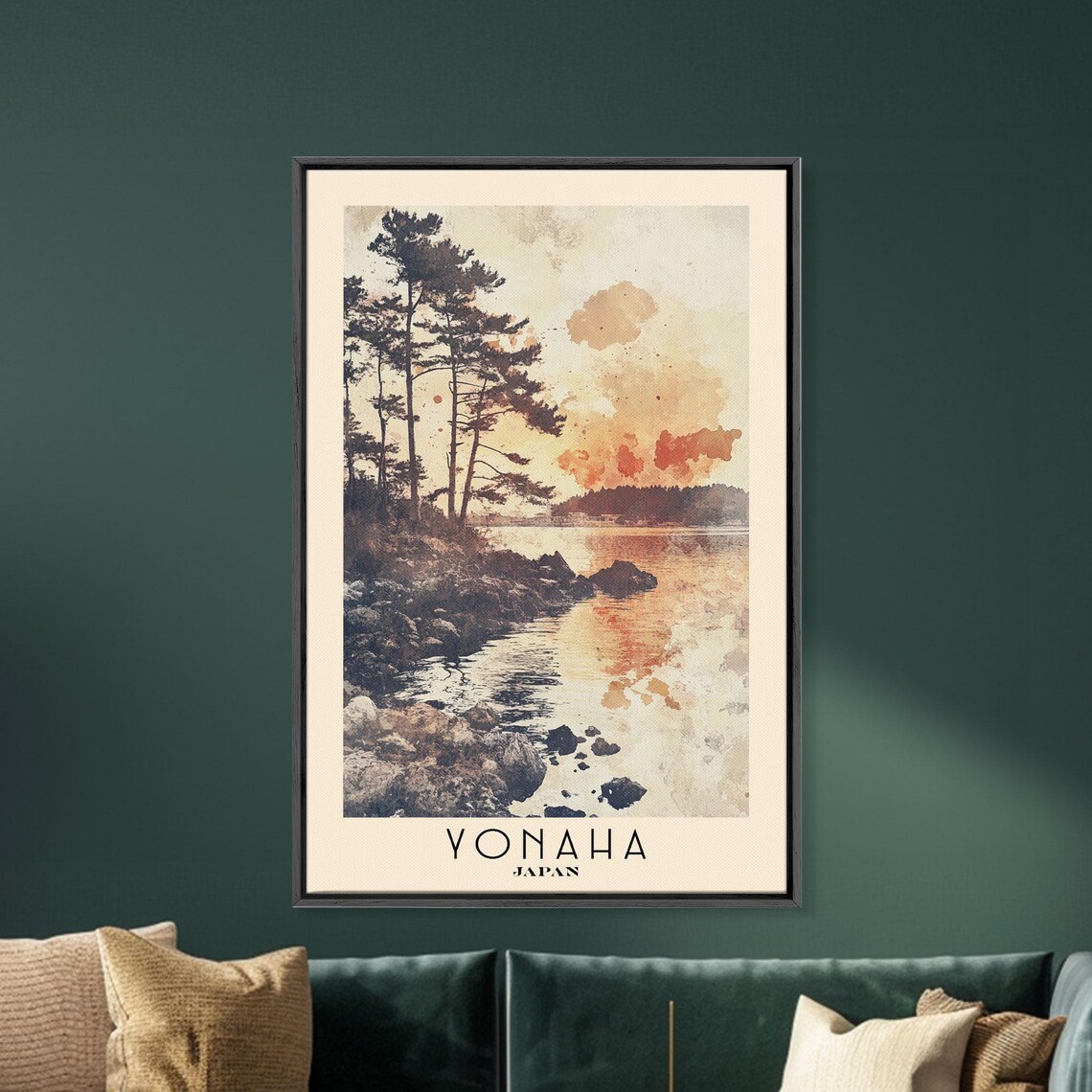 Yonaha Japan Rocky Shoreline Pine Trees Sunset Watercolor Poster - Image 5