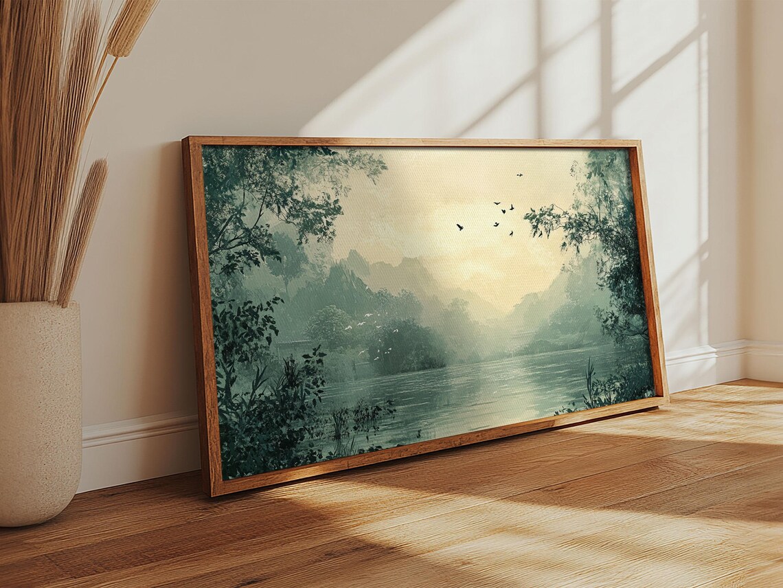 Serene Misty Lake Dawn Birds Calm Water Vintage Landscape Poster - Image 6