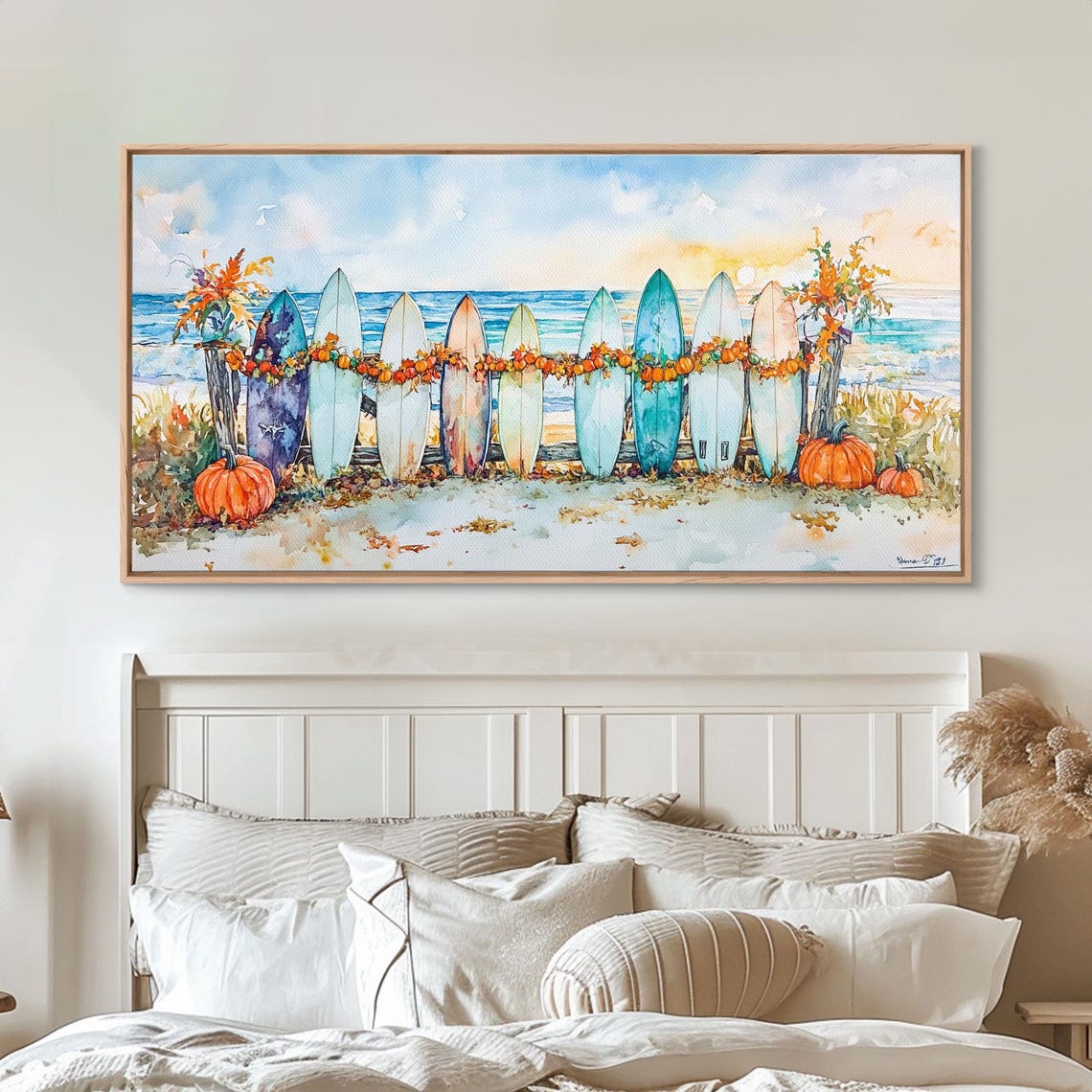 Colorful Surfboards With Pumpkin Garland Beach Fall Art Print - Image 4