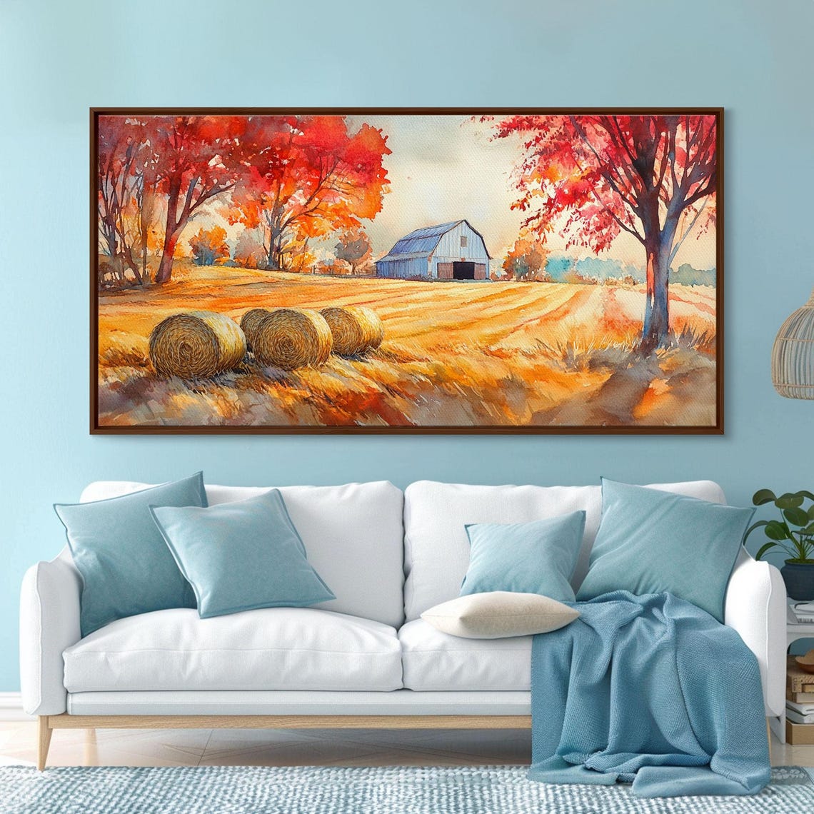 Autumn Farmhouse Barn With Hay Bales Red Maple Trees Art Print - Image 6