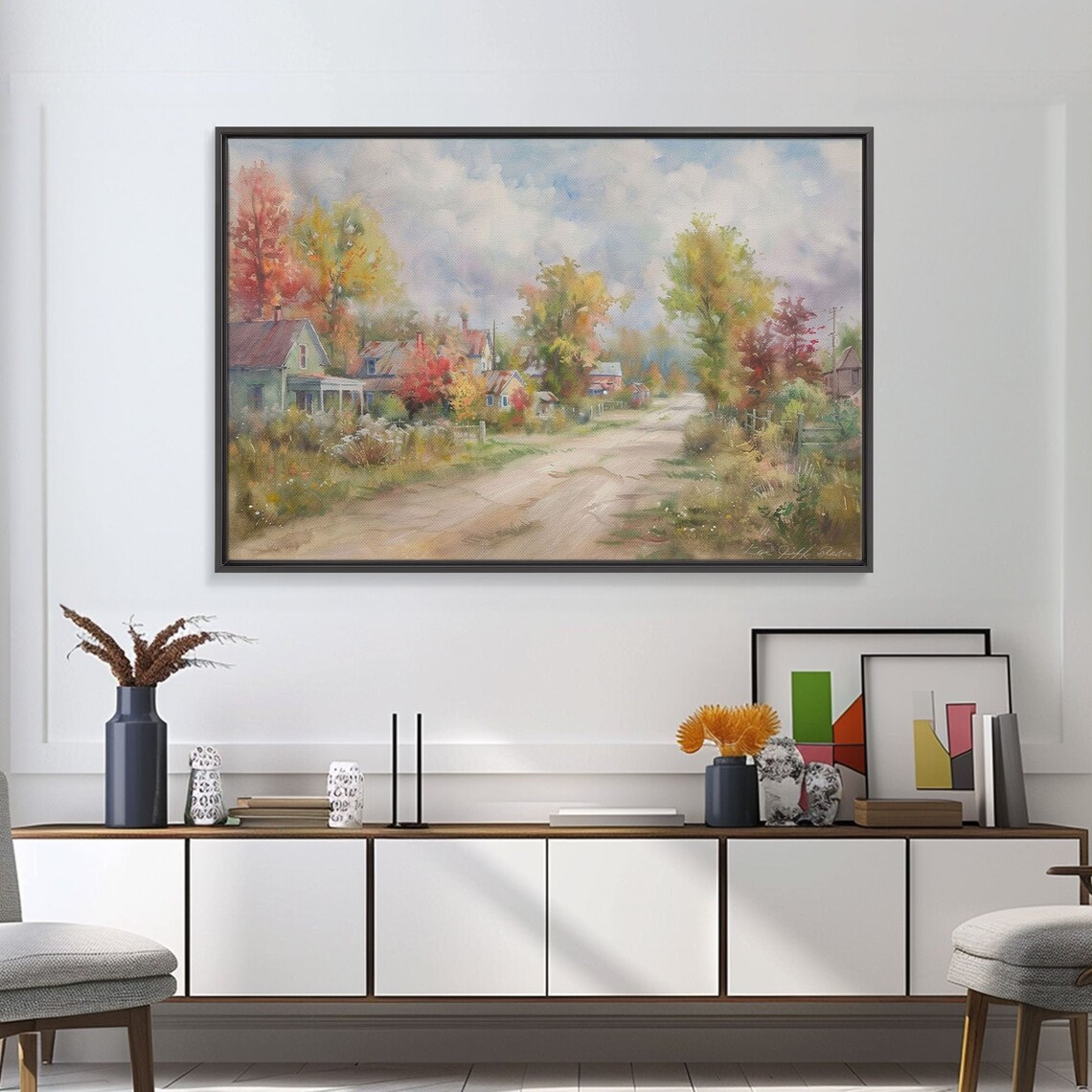 Autumn Small Town Street Watercolor Fall Foliage Houses Village Poster - Image 3