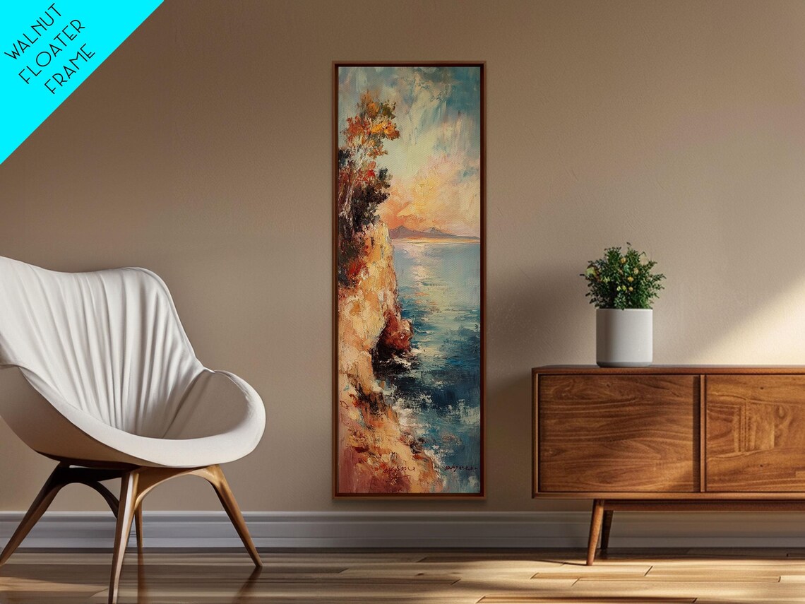 Sunset Over Rocky Coastal Cliff Seascape Oil Painting Travel Poster - Image 2