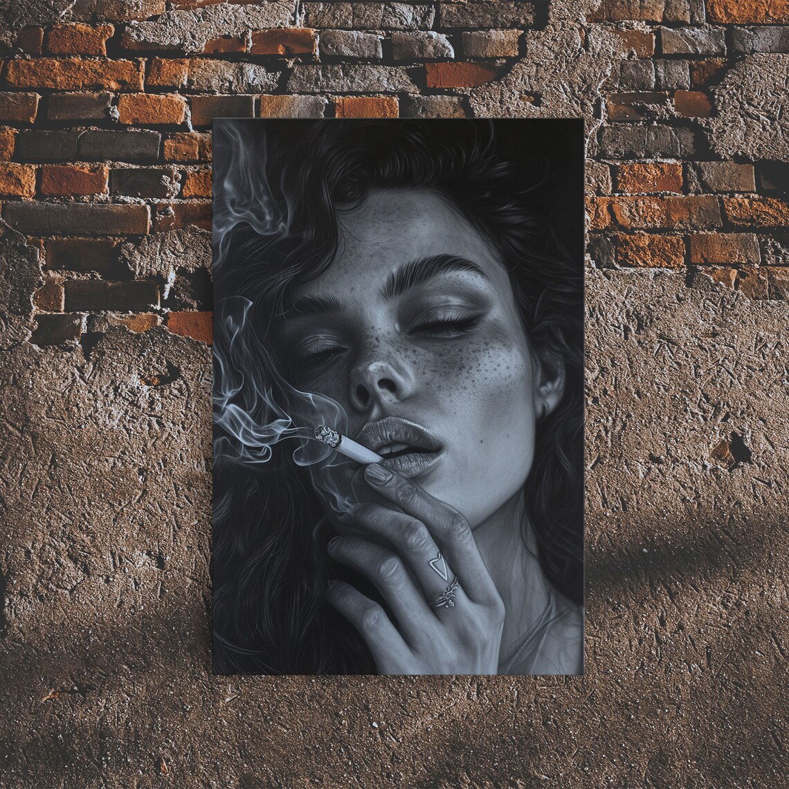 Noir Black and White Smoking Woman Charcoal Sketch Moody Portrait Print