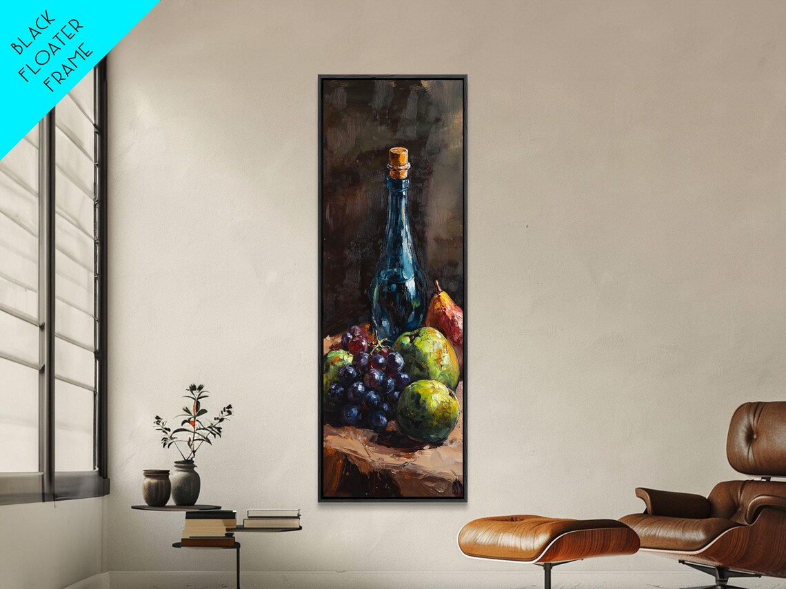Dark Wine Bottle Grapes Pears Moody Still Life Oil Painting Poster - Image 4