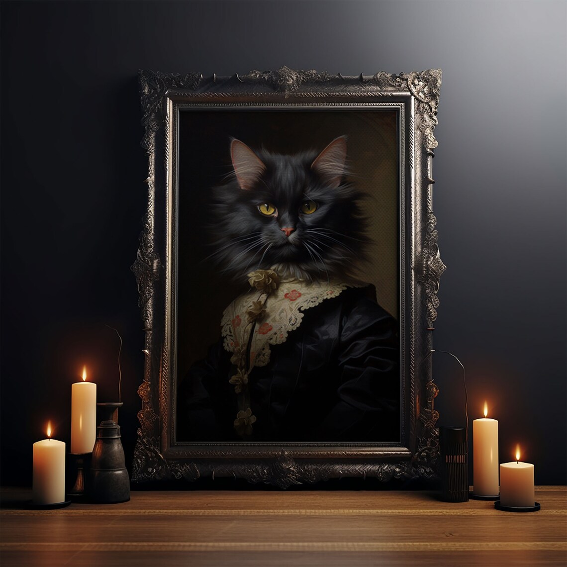 Victorian Black Cat Portrait Lace Dress Funny Halloween Wall Art Print - Image 3