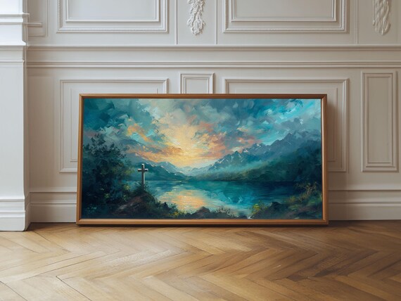 Cross By Mountain Lake Sunrise Oil Painting Peaceful Christian Wall Art Poster