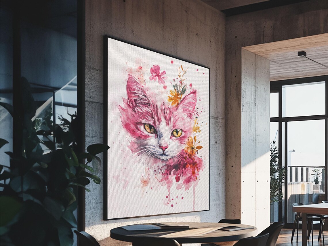 Watercolor Cat Face with Pink Floral Splashes Art Print Animal Wall Poster - Image 4