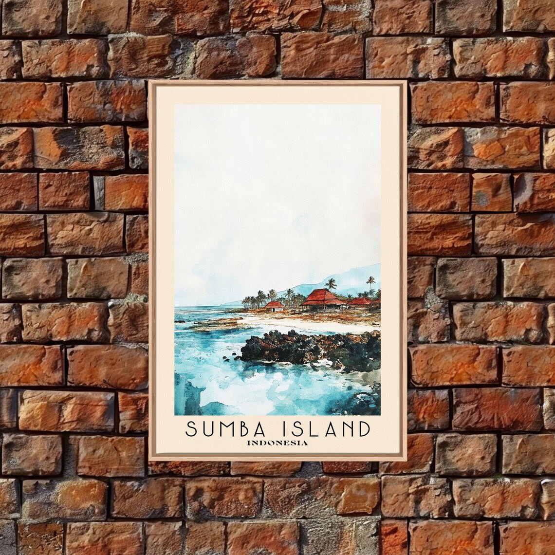 Sumba Island Indonesia Rocky Coast Red Roof Huts Palm Trees Poster - Image 5