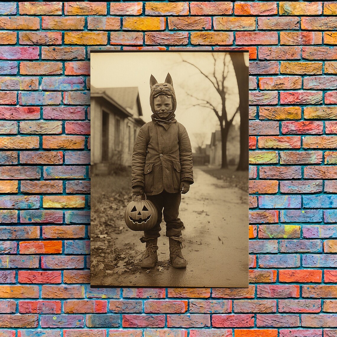 Vintage Halloween Photo Child Cat Costume Pumpkin Trick Or Treat Art Poster - Image 6