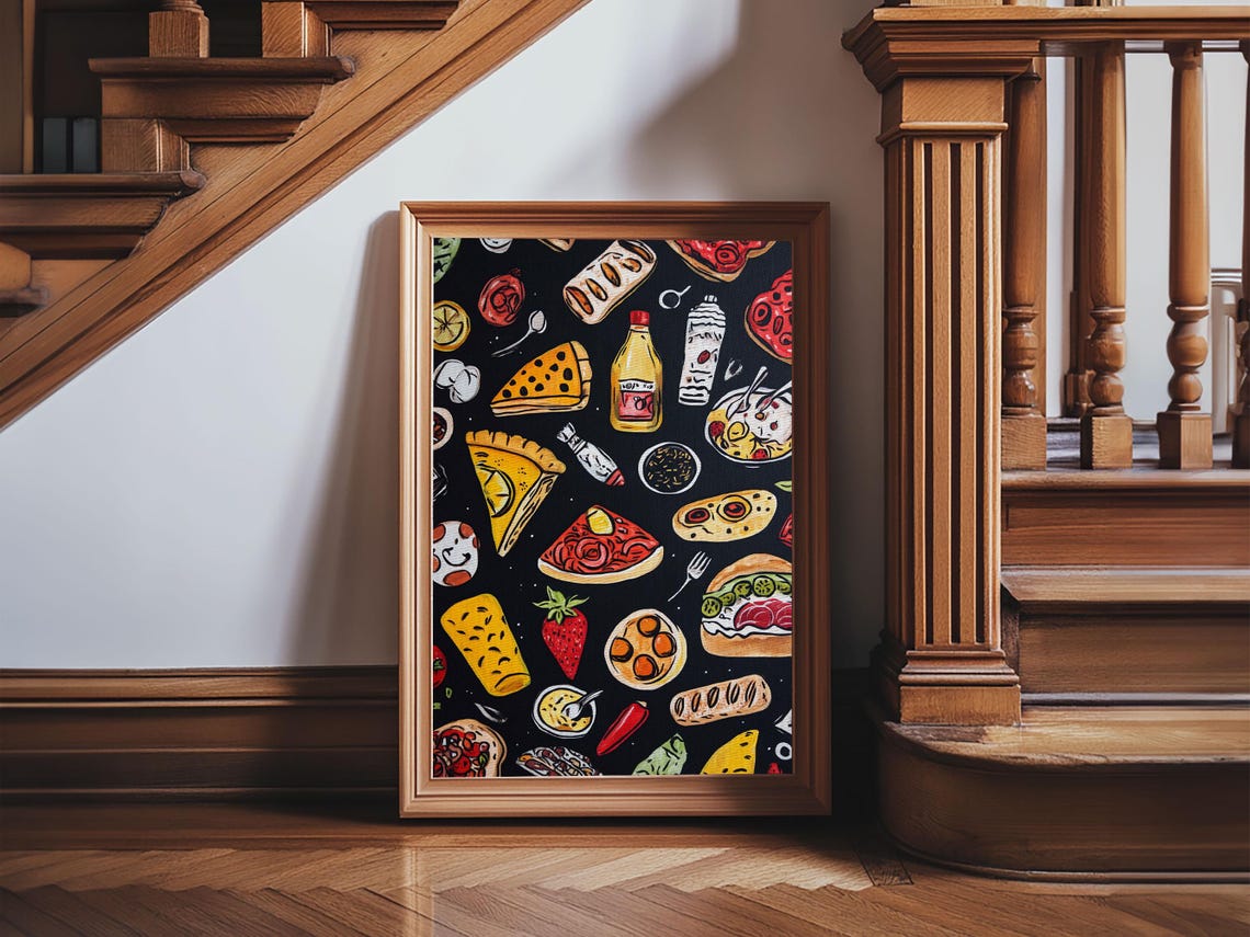 Fun Food Doodle Pattern Pizza Burger Tacos Black Kitchen Poster - Image 3