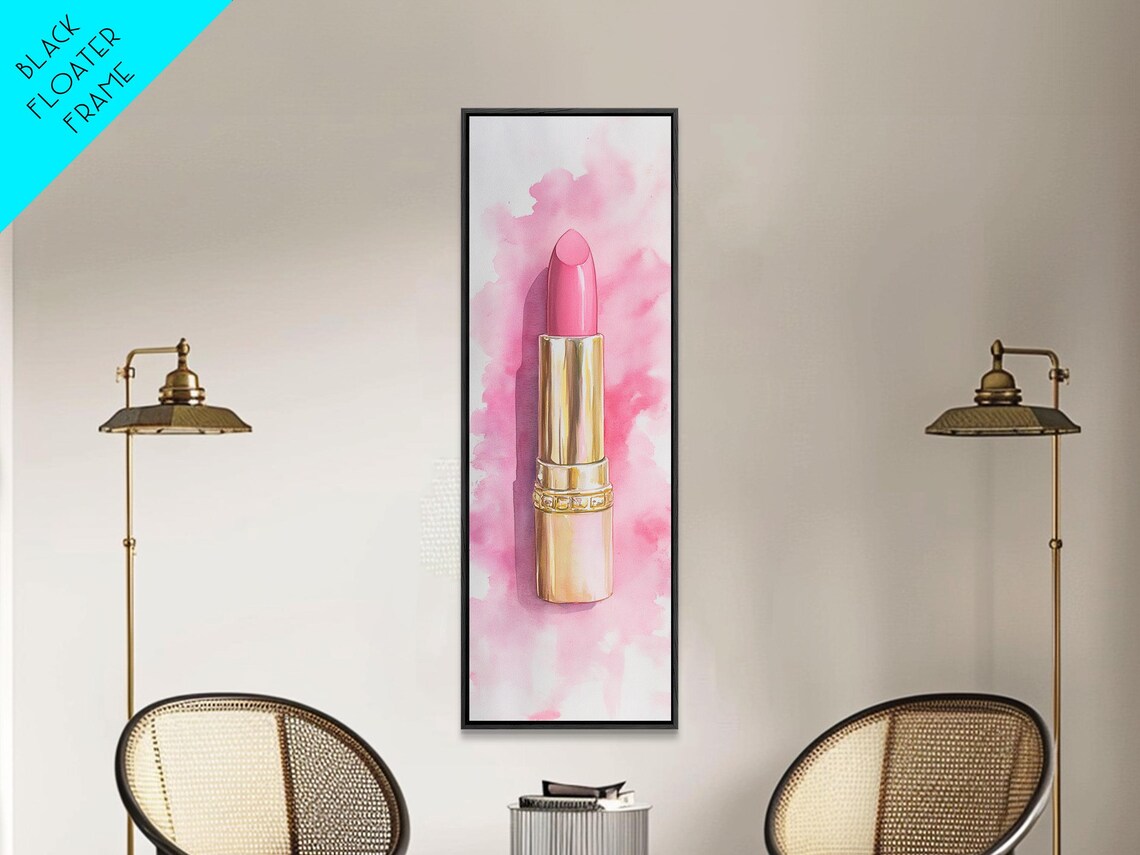 Pink Lipstick Watercolor Painting Gold Tube Makeup Beauty Vertical Poster - Image 3