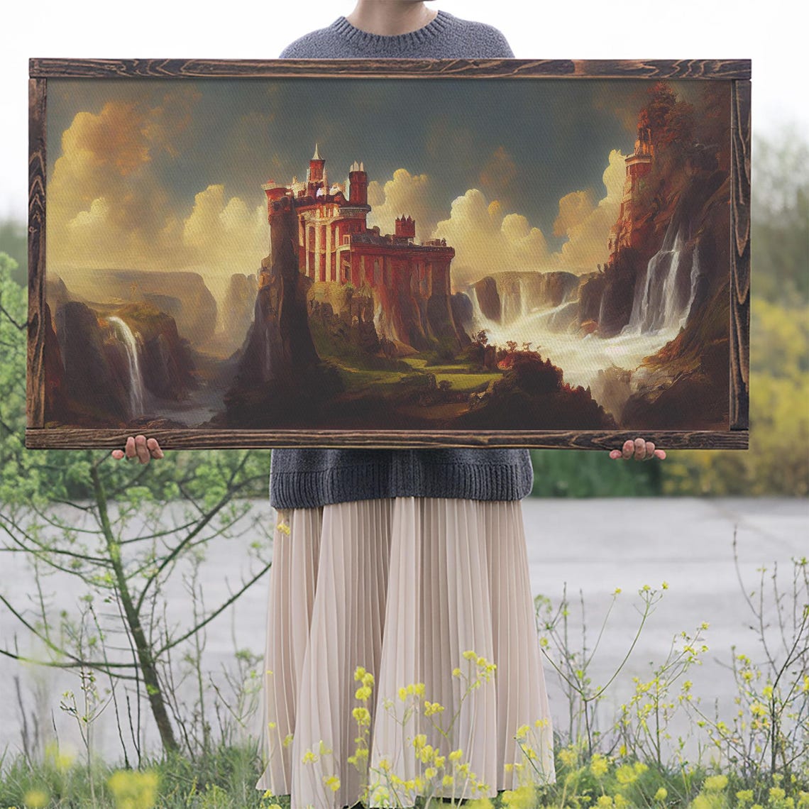 Fantasy Wall Art Print Castle In The Sky Castle Atop Mountains And Waterfalls Watercolor - Image 2