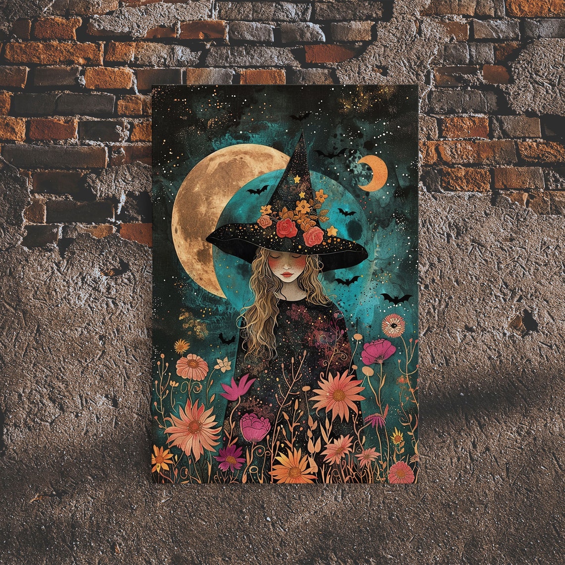 Cottagecore Witch Full Moon Floral Night Sky Enchanting Wall Poster - Image 6