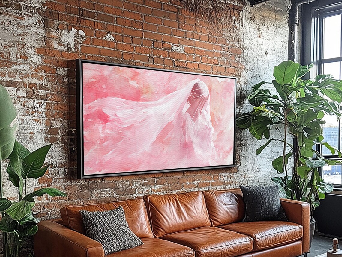 Veiled Woman In Blush Pink Wide Horizontal Soft Watercolor Portrait Poster - Image 5