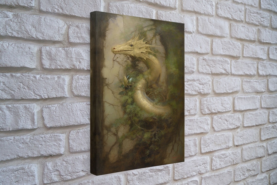Golden Dragon Misty Green Forest Mythical Creature Fantasy Art Poster - Image 3