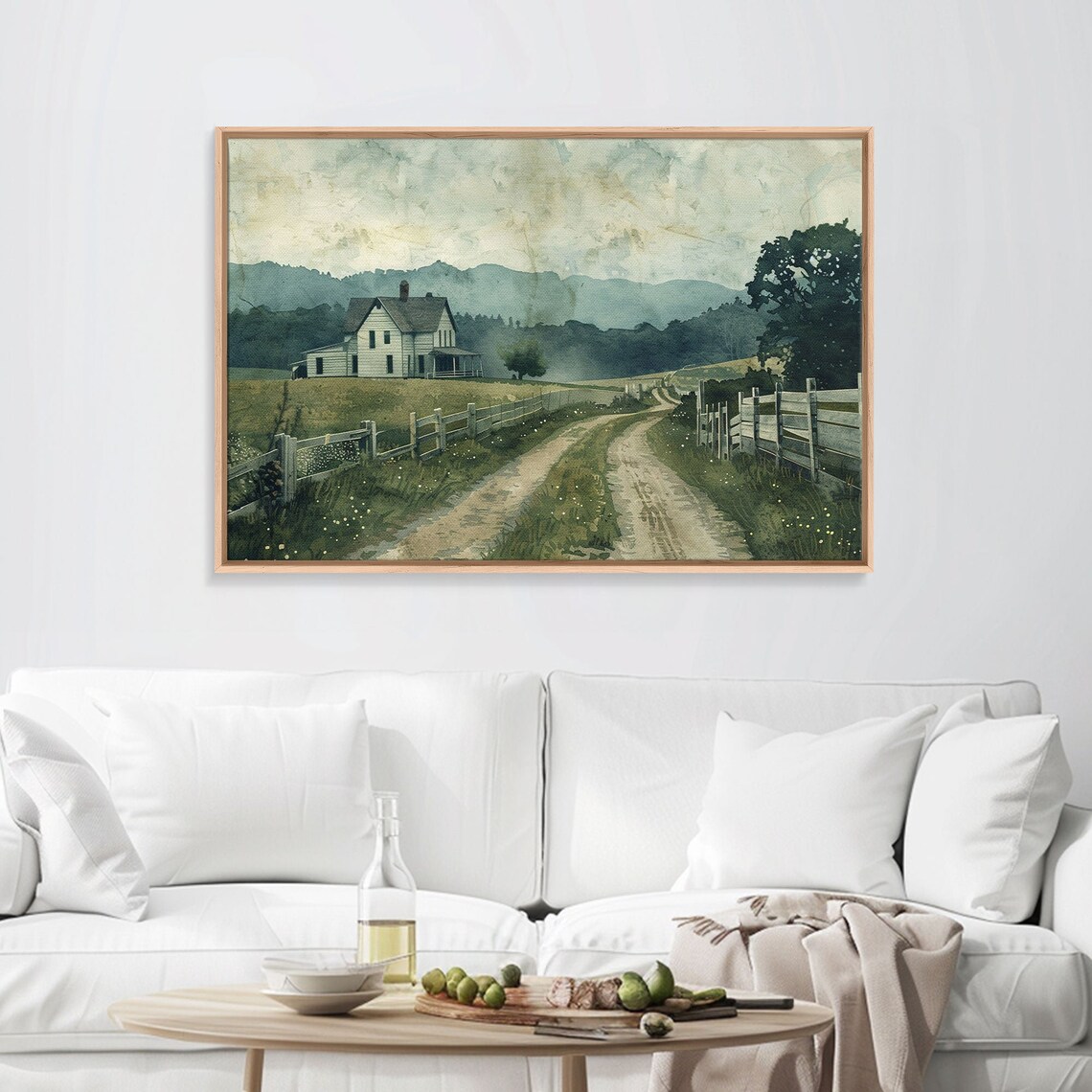 Country Road to White Farmhouse Watercolor Fences Misty Hills Poster - Image 5