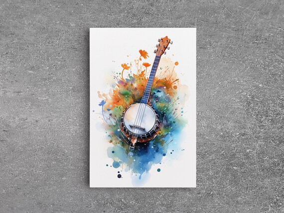 Banjo Watercolor With Wildflowers Country Music Instrument Art Poster