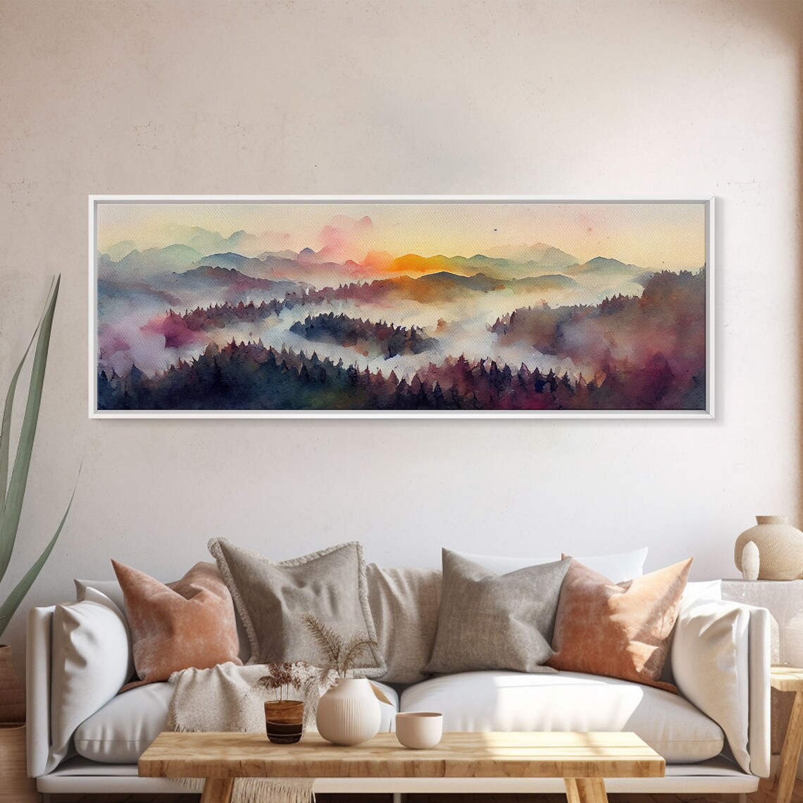 Watercolor Sunset Landscape, Panoramic Green Art Print - Image 4