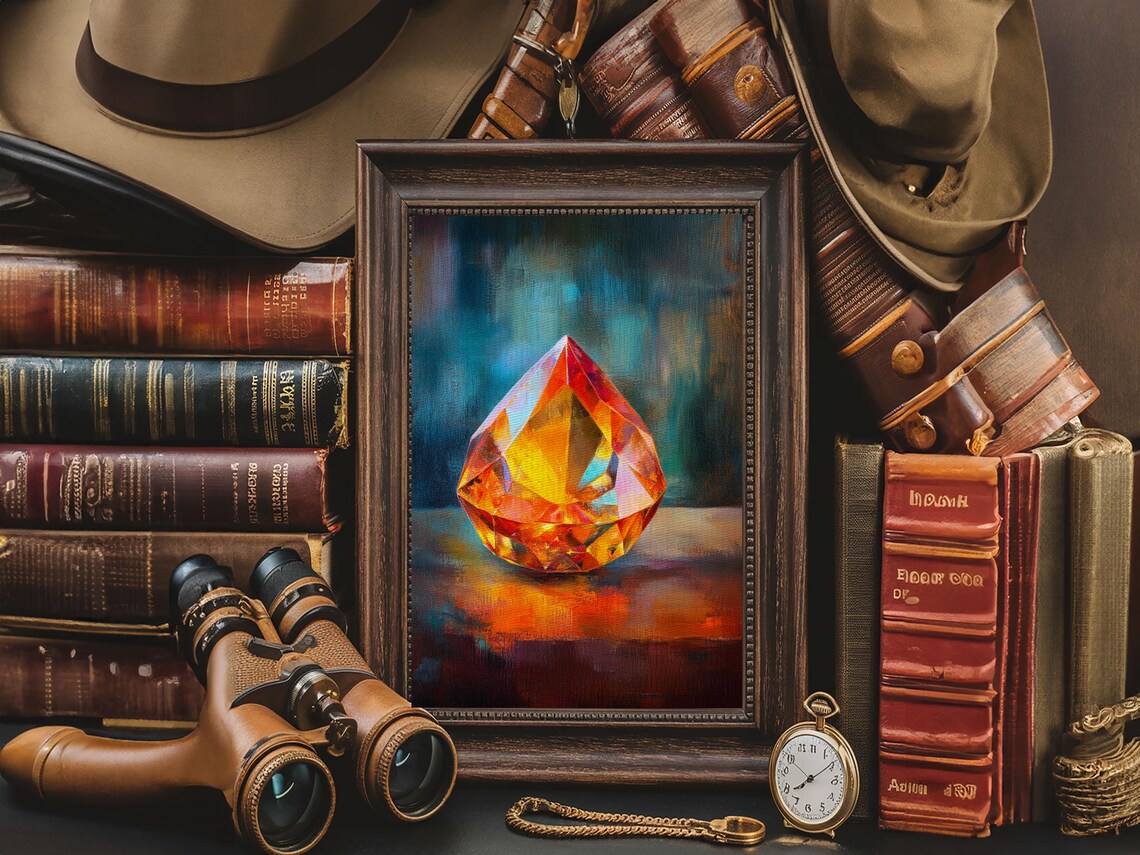 Red Gemstone Faceted Jewel Painting Teal Background Precious Stone Wall Art - Image 2