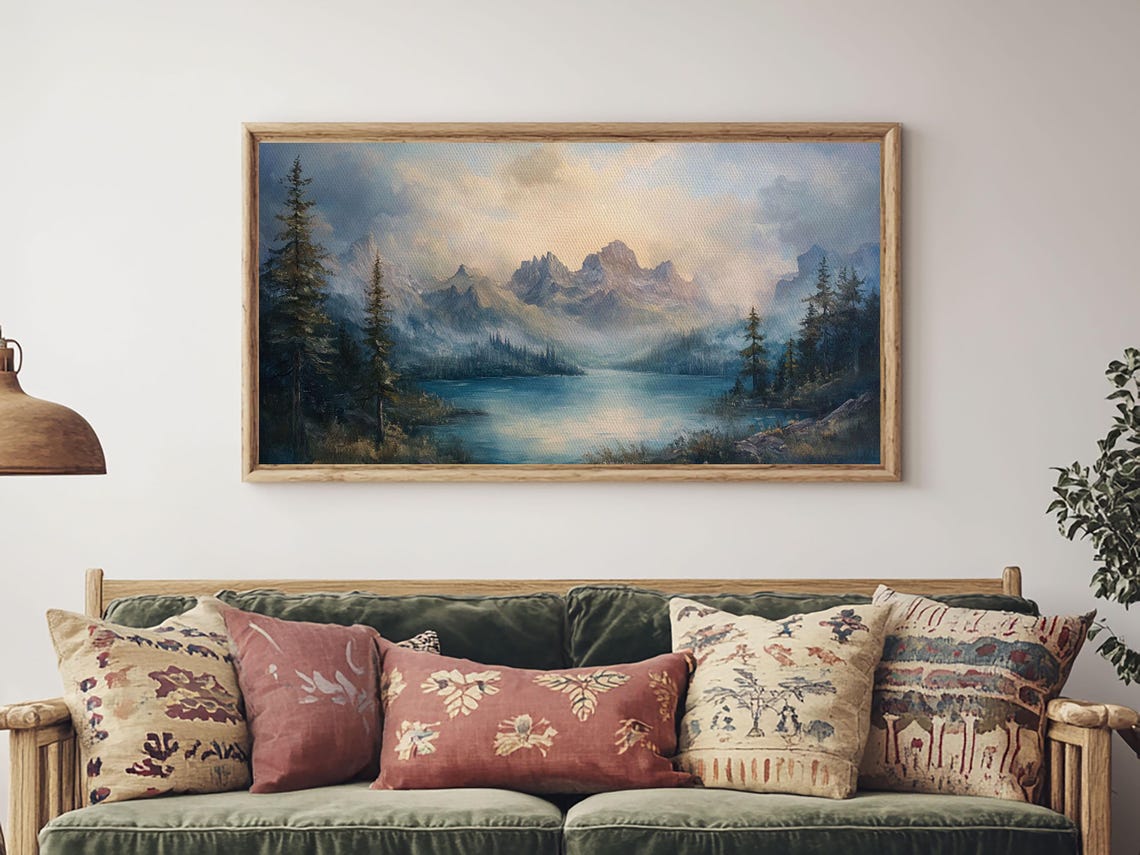 Foggy Mountain Lake Misty Pines Blue Panoramic Landscape Poster - Image 6