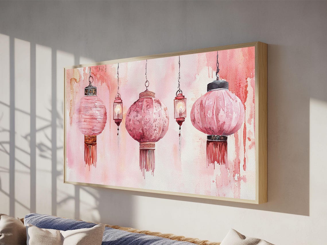 Pink Lanterns Print Chinoiserie Wall Art Moroccan Wall Art Whimsical Art Living Room Art Rustic Decor Fall Gift Idea - Image 2