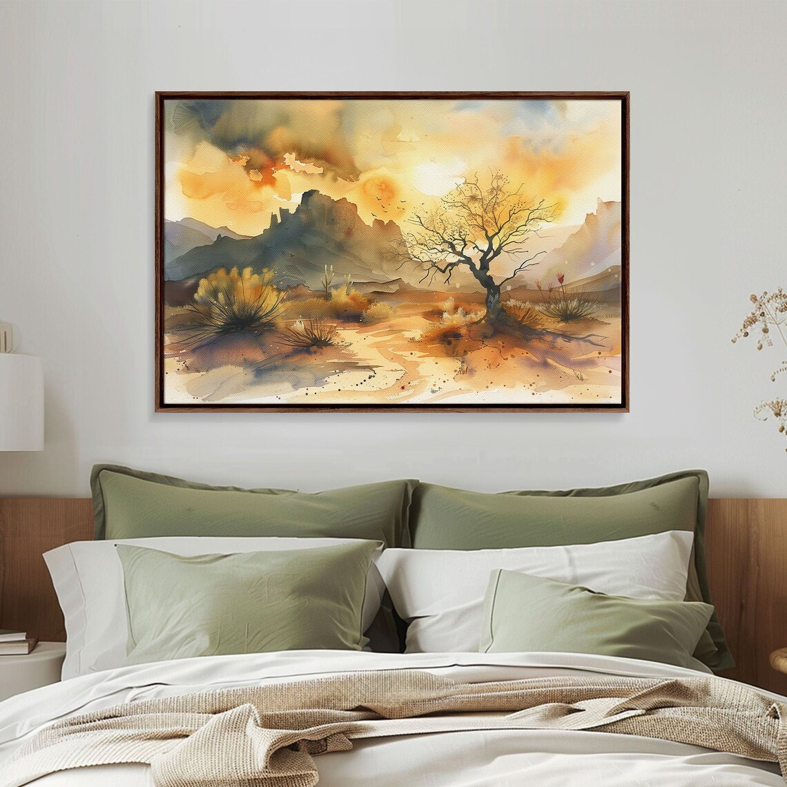 Desert Watercolor Lone Bare Tree Rocky Butte Golden Sunset Sky Poster - Image 4