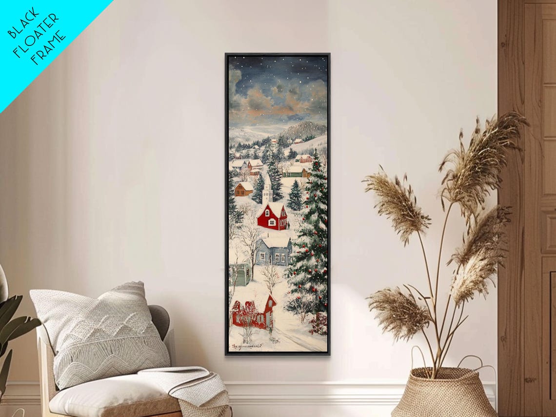 Snowy Mountain Village With Red Barns And Christmas Tree Poster - Image 6