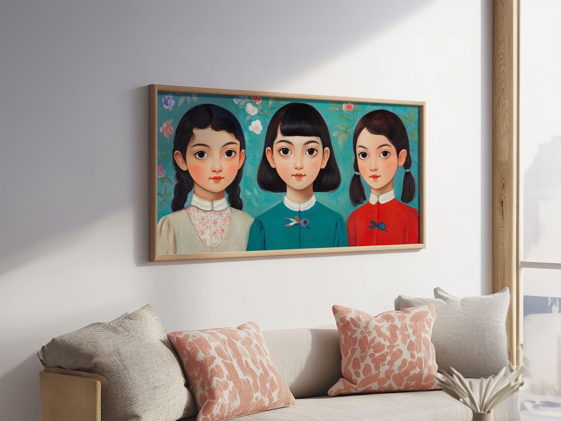 Three Girls Floral Portrait Whimsical Sisters Painting Wall Poster - Image 4