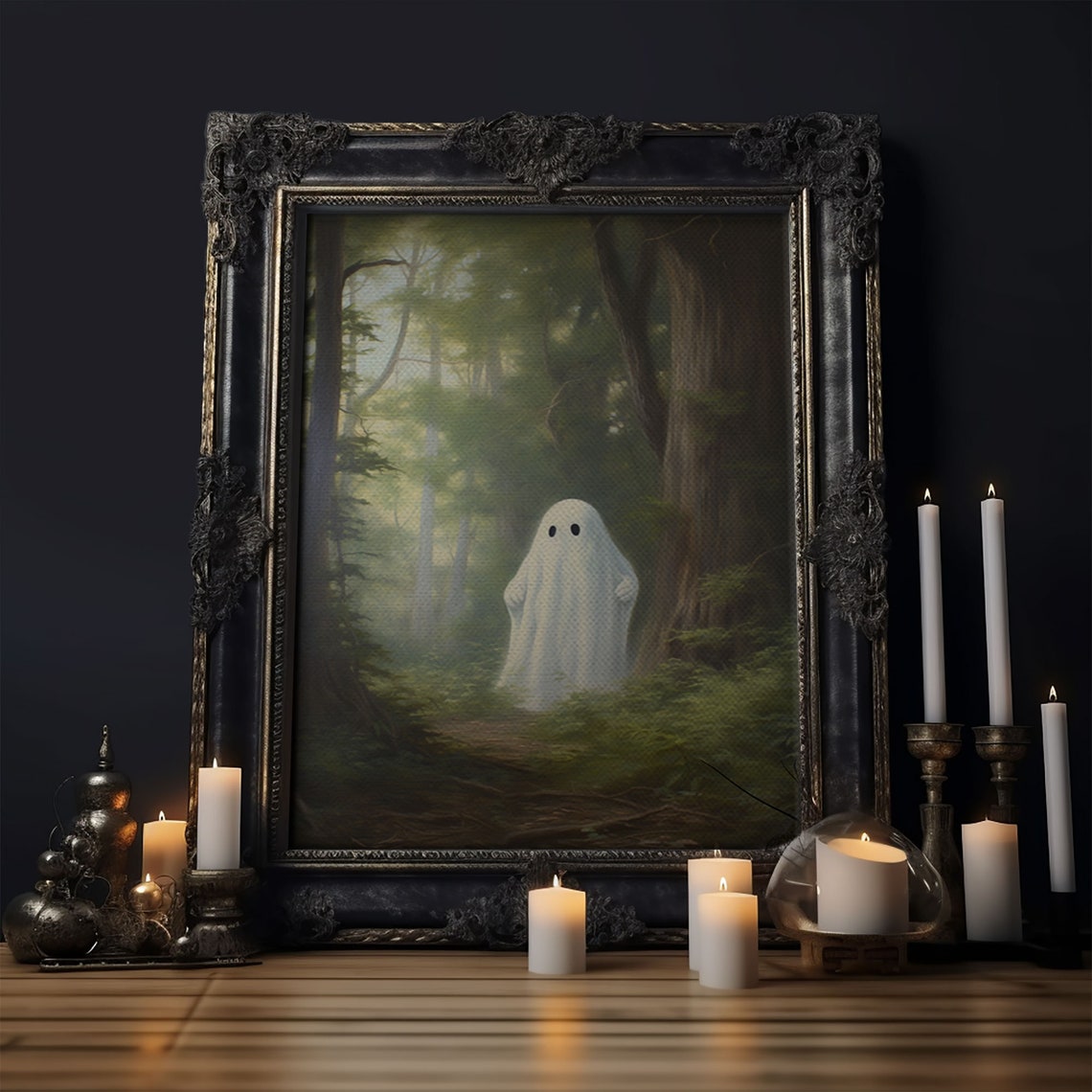 Cute Little Ghost In Misty Green Forest Vintage Spooky Art Poster - Image 6