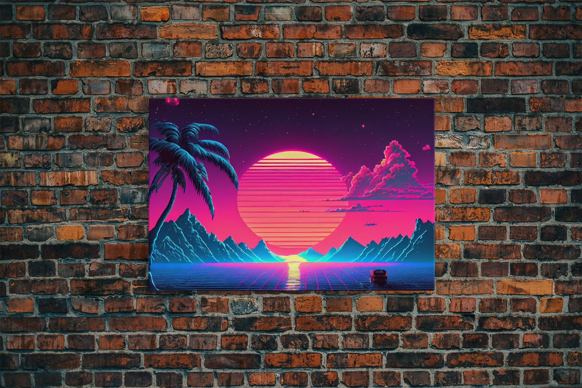 Retro Outrun Style Palm Trees And Sunset Framed Print Wireframe Lake And Mountain Vista