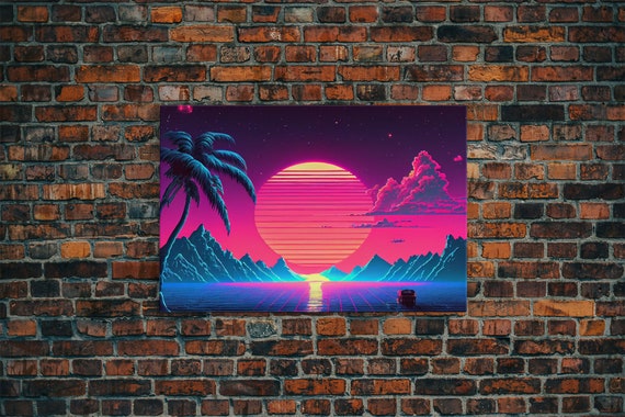 Retro Outrun Style Palm Trees And Sunset Framed Print Wireframe Lake And Mountain Vista