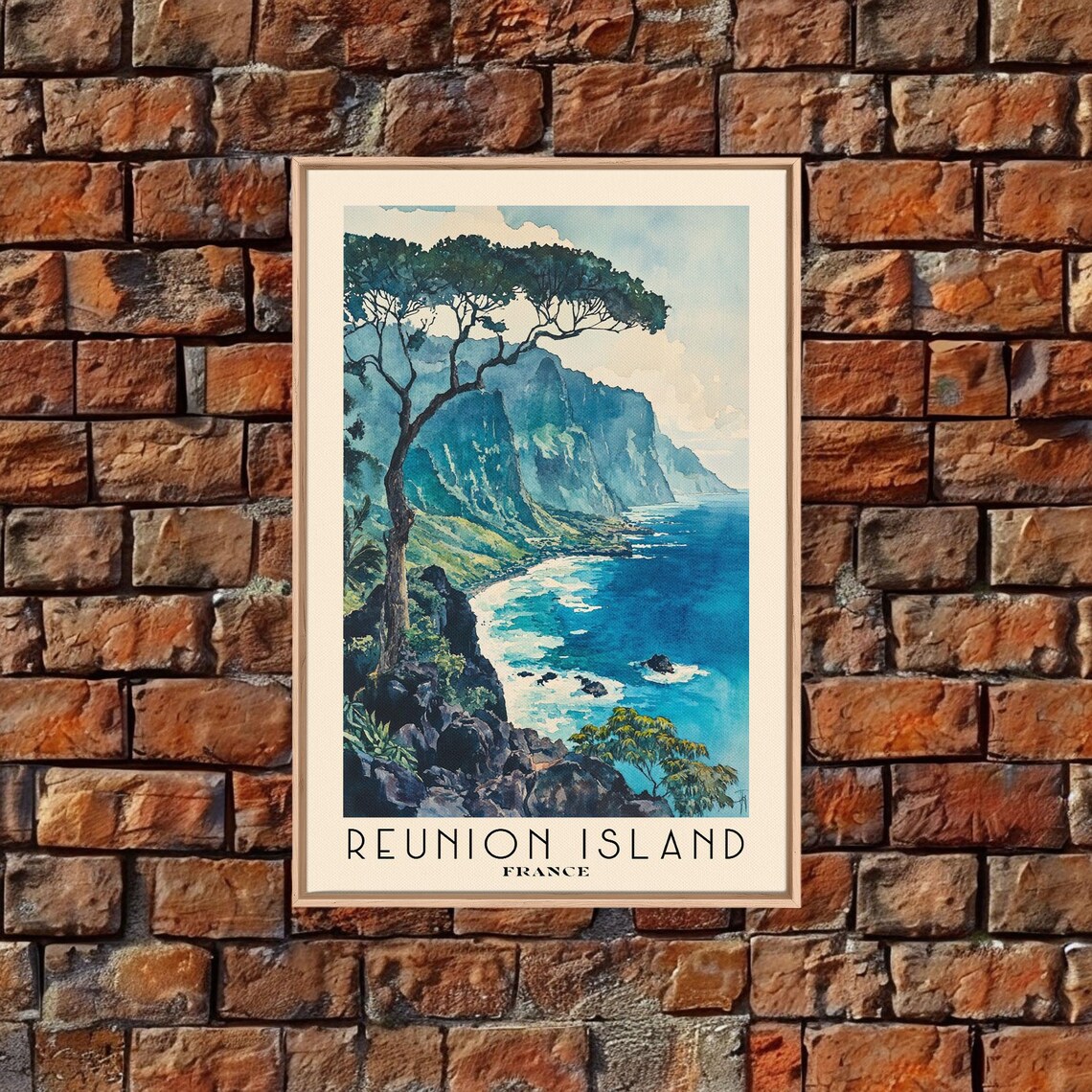 Reunion Island France Volcanic Cliff Coast Lone Tree Watercolor Poster - Image 5