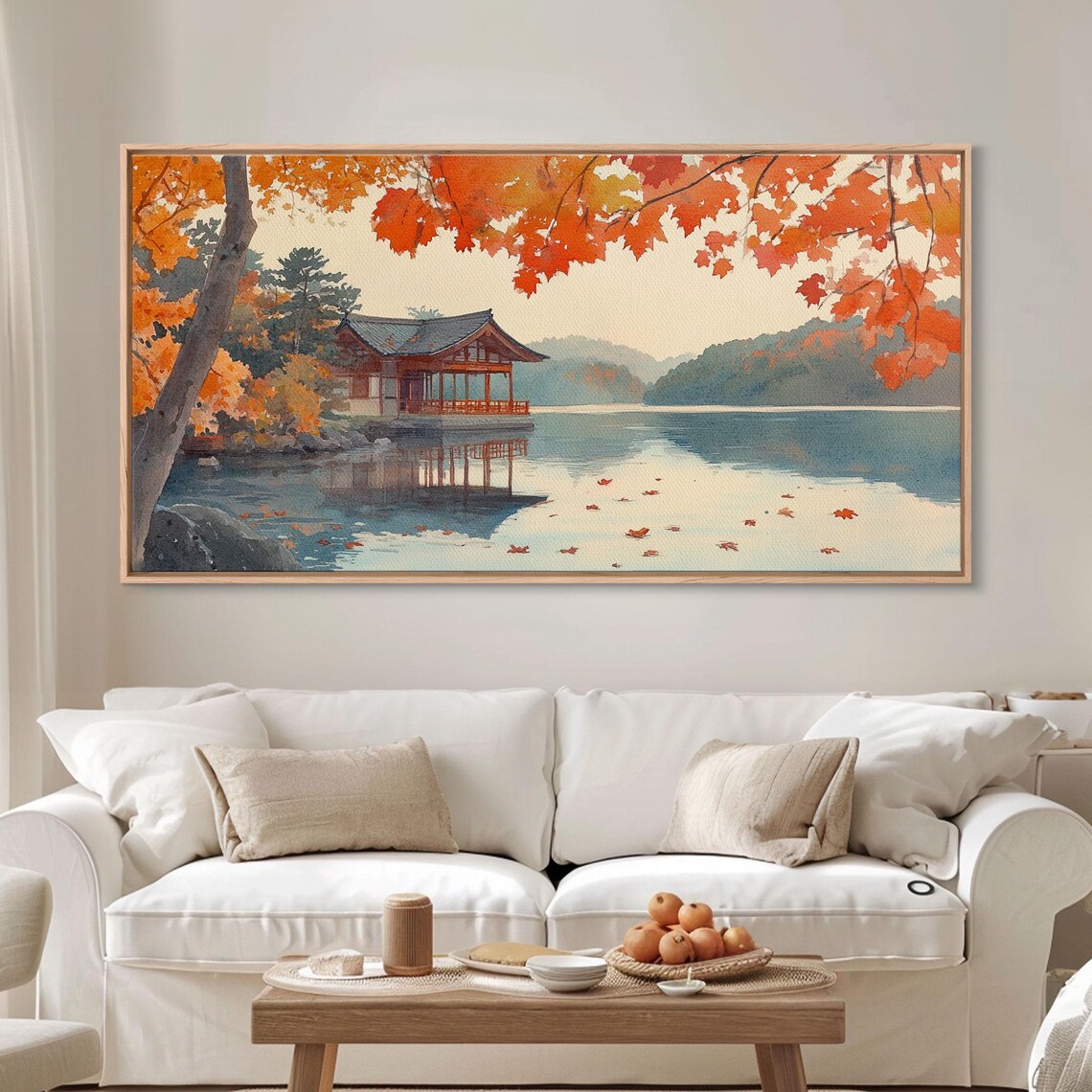 Autumn Japanese Lake House Red Maple Trees Watercolor View Poster - Image 3