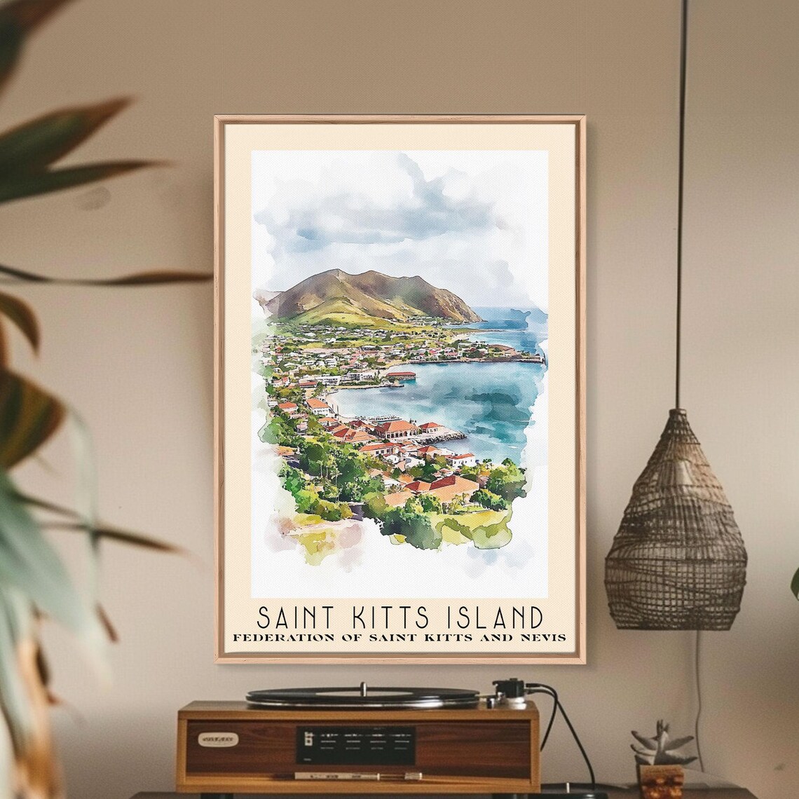 Saint Kitts Island Harbor Town Mountain Bay Watercolor Travel Poster - Image 3