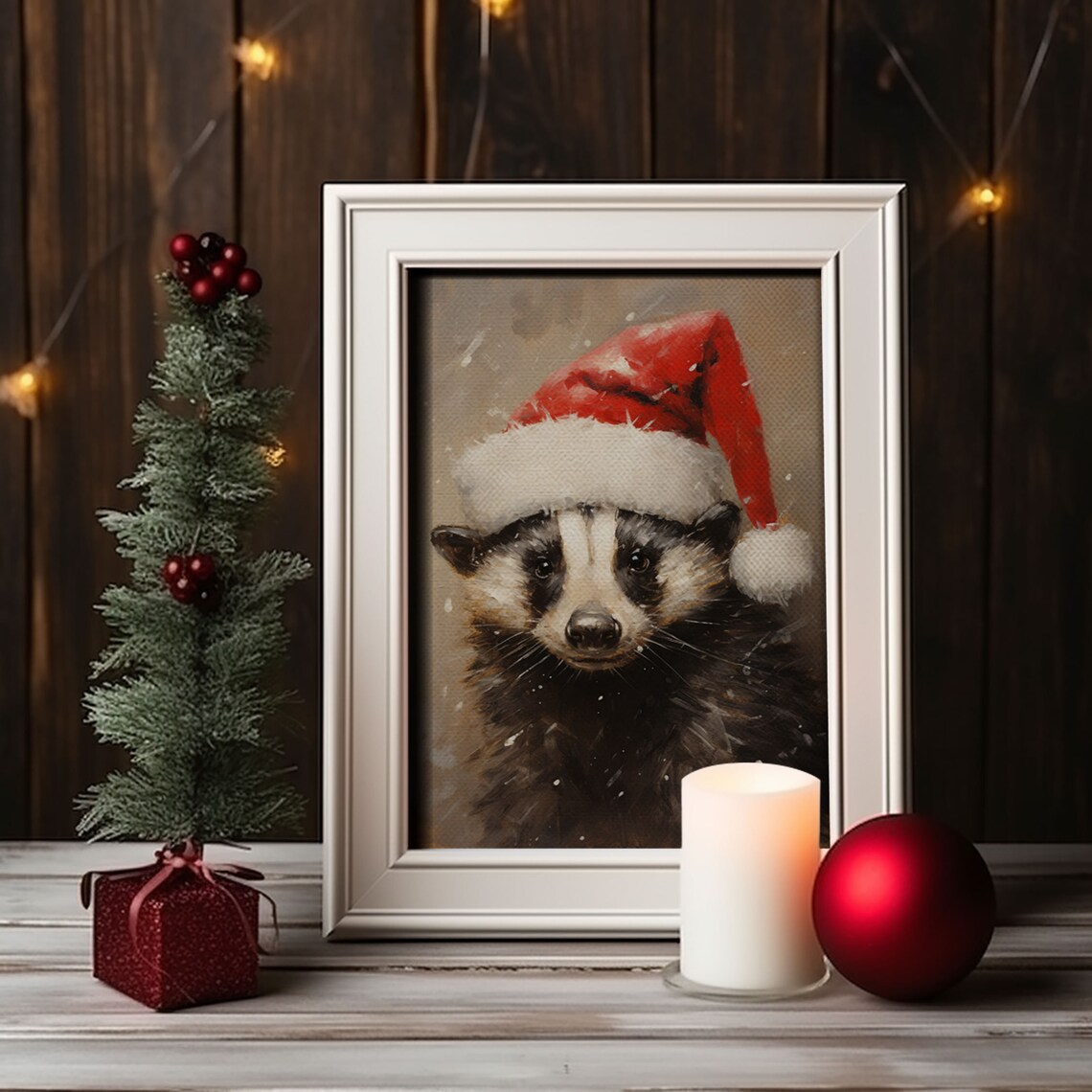 Cute Badger Wearing Red Santa Hat Snowy Christmas Animal Poster - Image 4