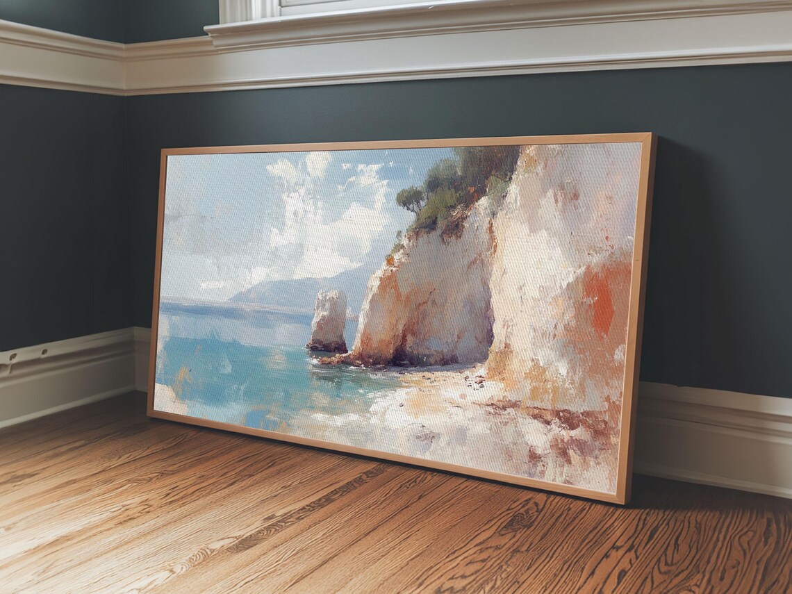 White Cliff Coastal Seascape Oil Painting Turquoise Water Beach Art Print - Image 5