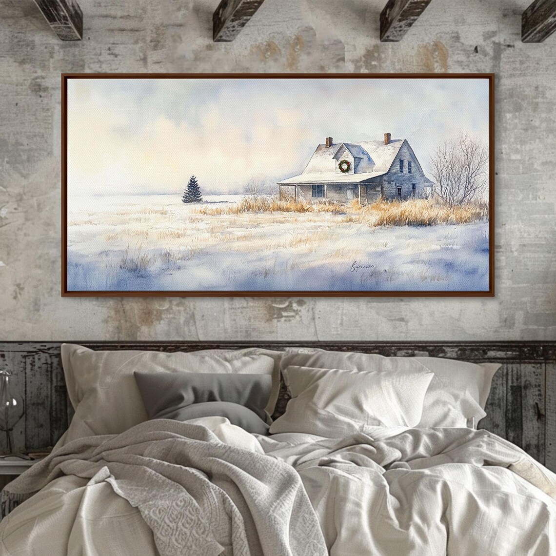 Silent Winter Farmhouse Snow Field Wreath Dawn Golden Wheat Art Poster - Image 4
