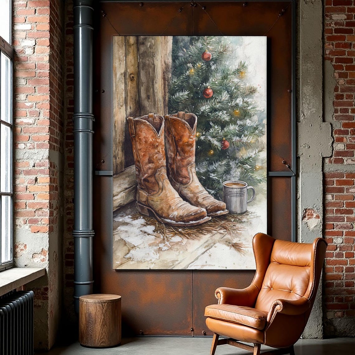 Cowboy Boots By Christmas Tree With Cocoa Mug Western Holiday Poster