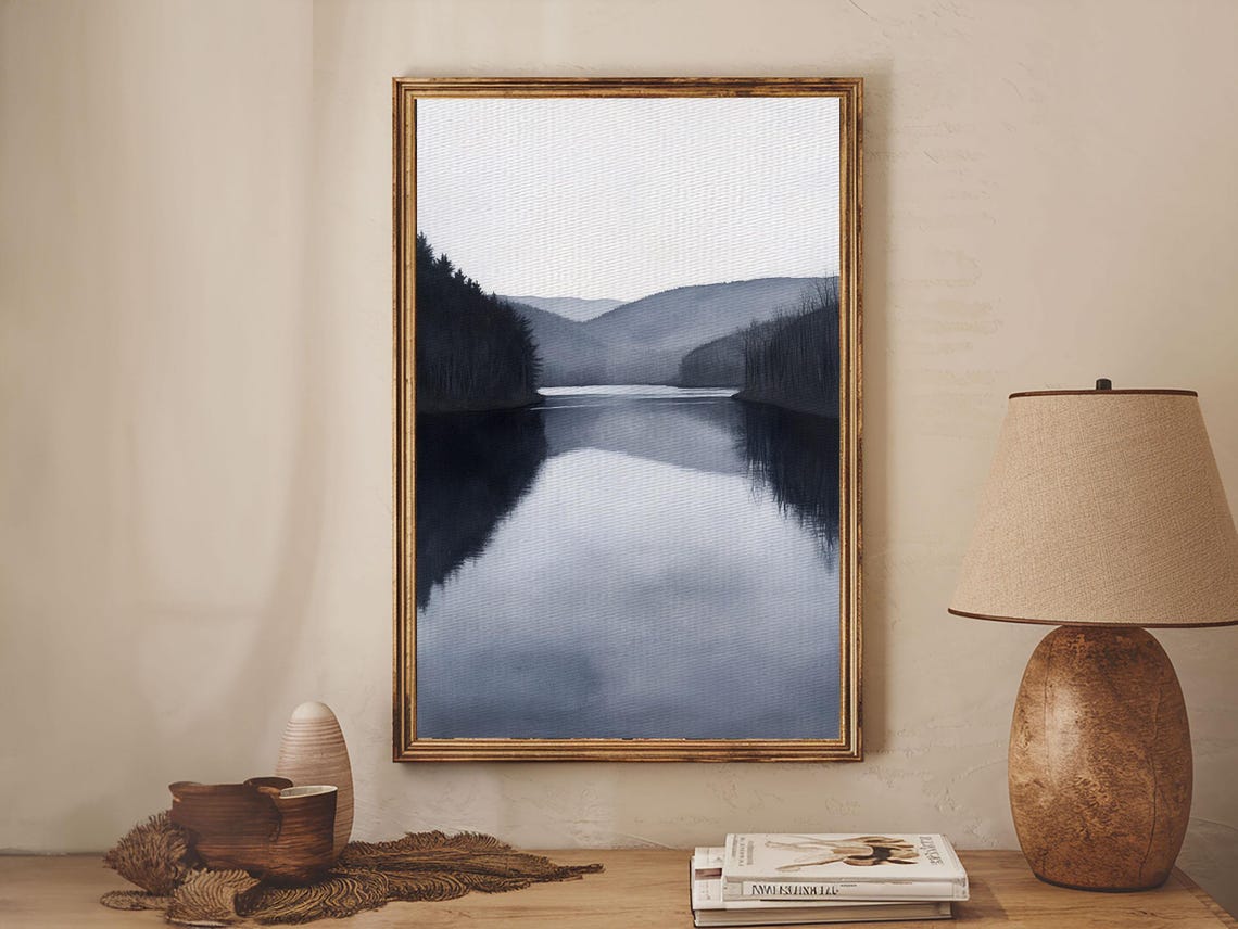 Moody Grayscale Mountain Lake Foggy Forest Black White Landscape Print - Image 5