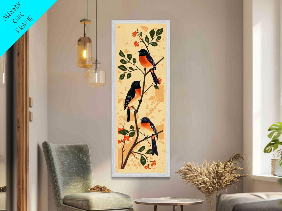 Three Songbirds Flowering Branch Folk Illustration Art Poster - Image 3