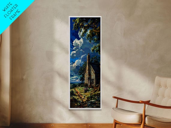 The Log Cabin Framed Print Skinny Tall Wall Art Statement Piece Living Room Art Springtime Landscape Painting Rustic Farmhouse