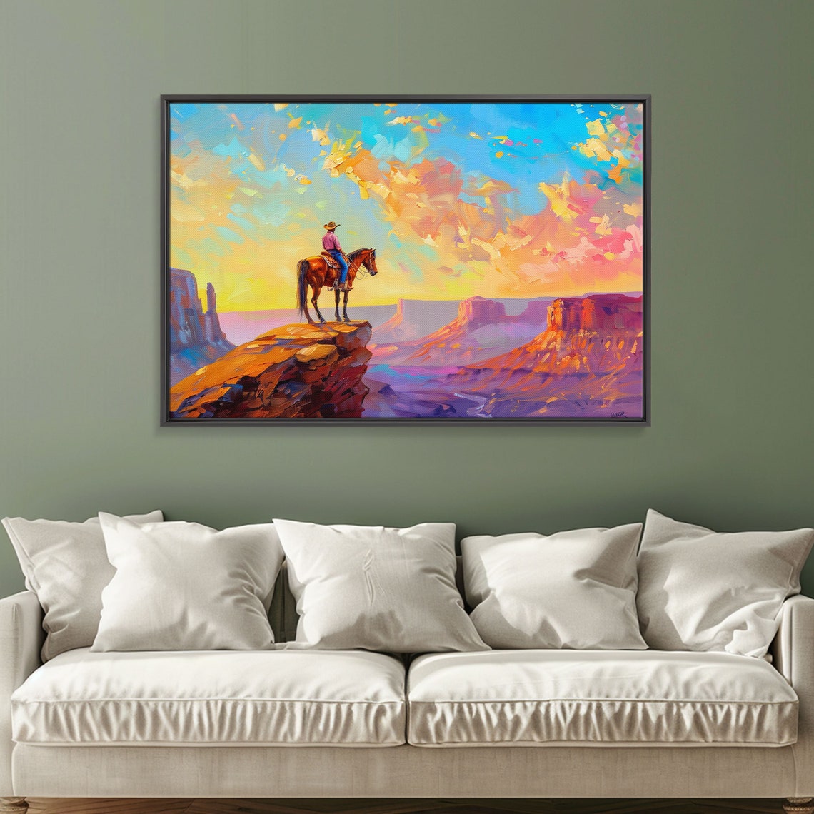 Cowboy On Horseback Canyon Cliff Sunset Western Landscape Poster - Image 4