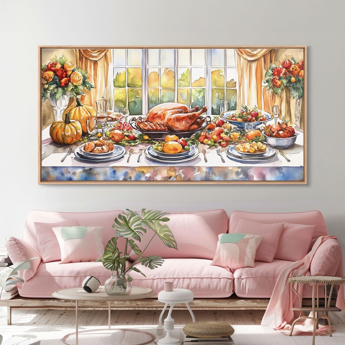 Autumn Thanksgiving Dinner Table Feast Turkey Pumpkins Watercolor Art Poster - Image 3