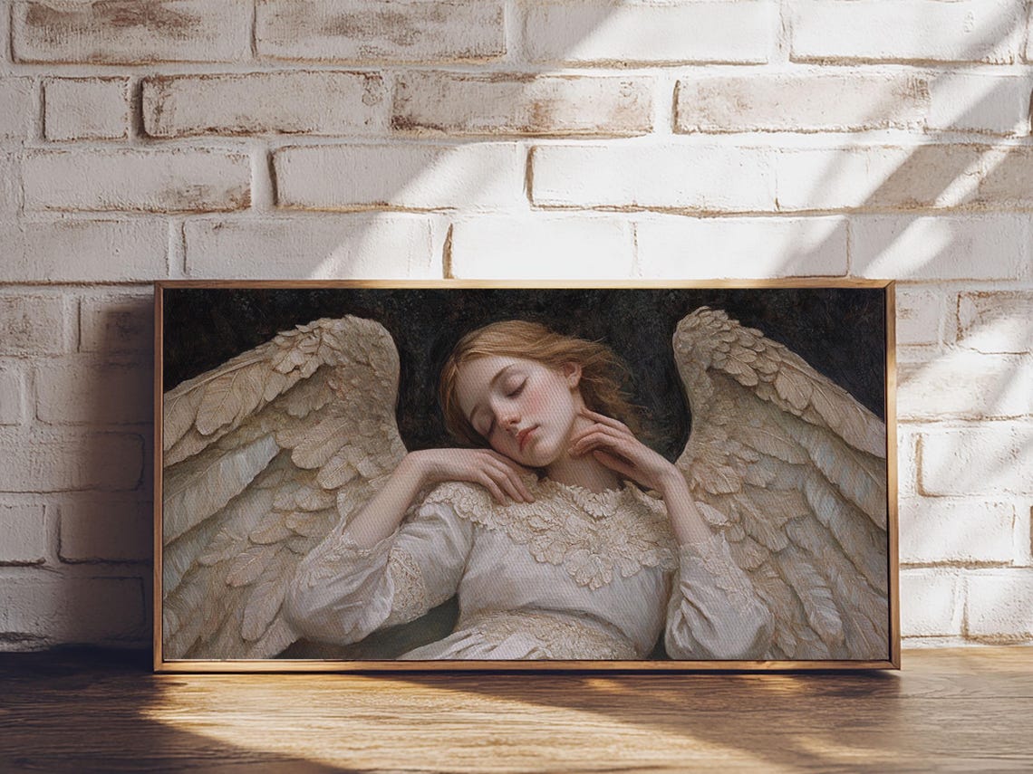 Sleeping Angel Feathered Wings Peaceful Renaissance Style Poster