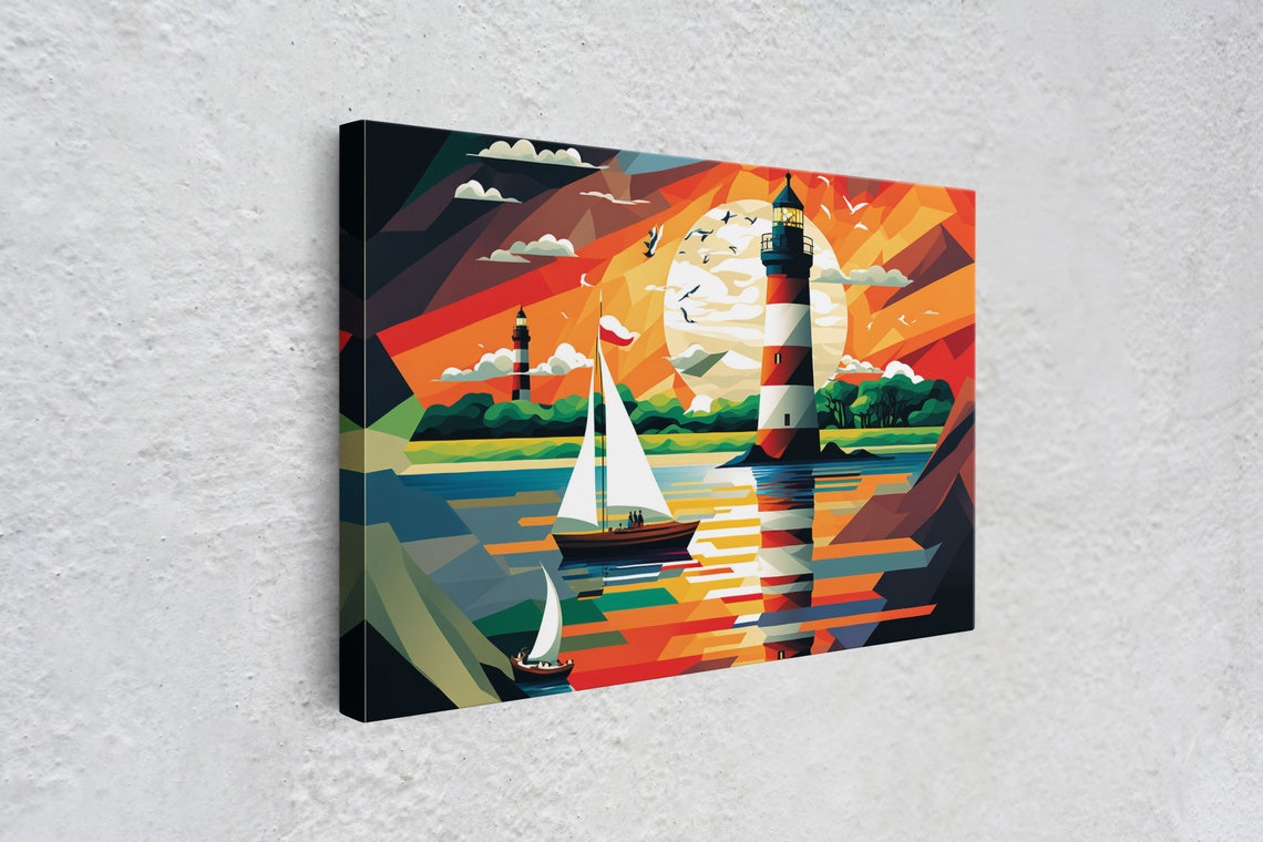 Colorful Sailboat Lighthouse Sunset Geometric Pop Nautical Art Poster - Image 4