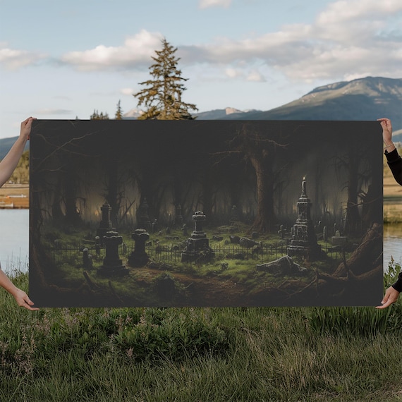 Haunted Cemetery Midnight Moody Graveyard Oil Painting Halloween Poster