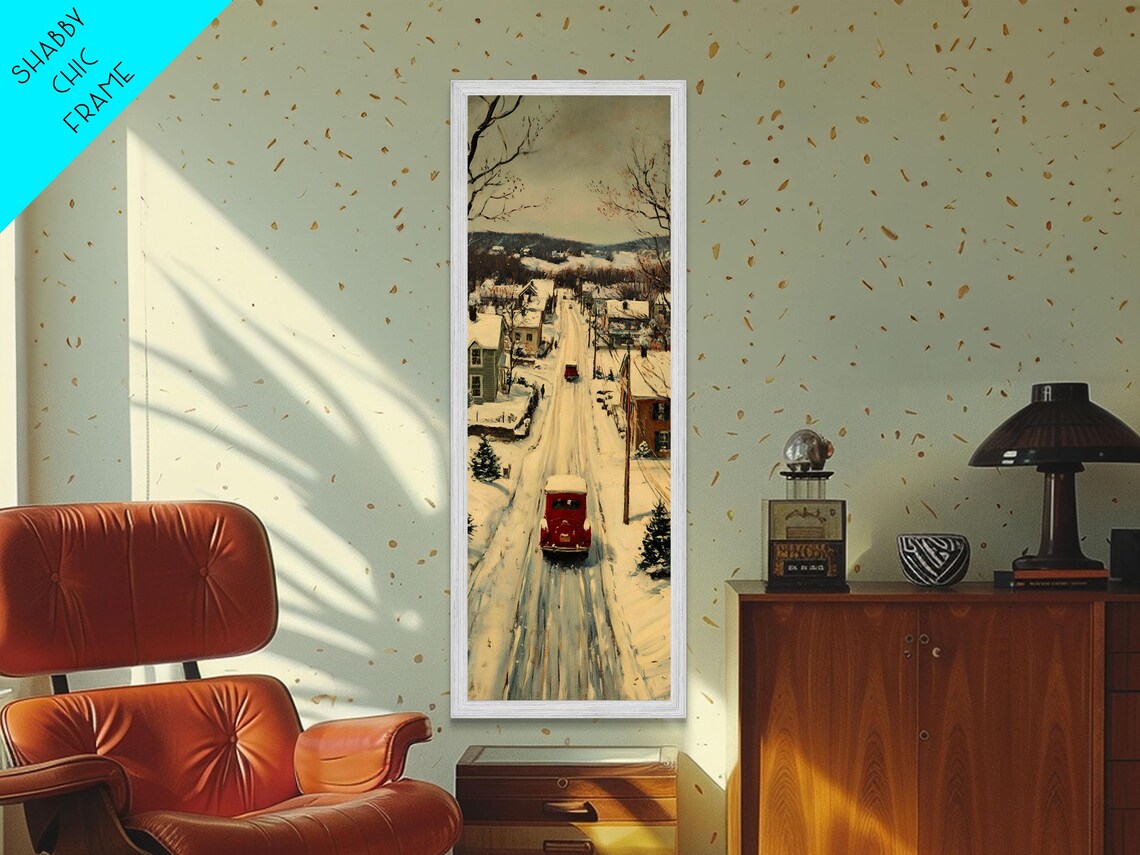 Vintage Red Car Snowy Main Street Winter Wonderland Christmas Poster - Image 3