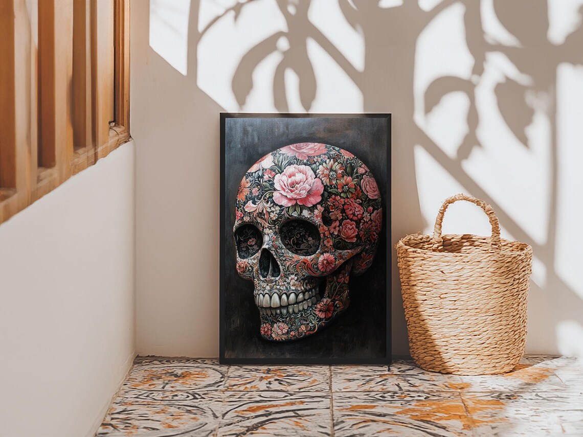 Floral Skull Pink Roses Gothic Boho Dark Botanical Skull Wall Art Poster - Image 2